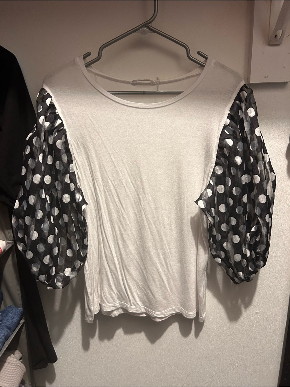 White Top with Black Polka Dot Puff Sleeves — Women's Blouse